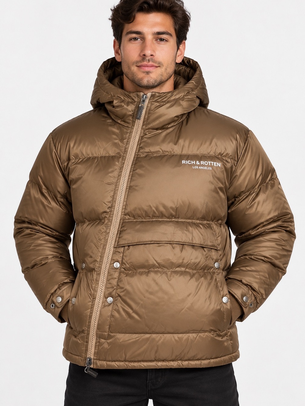 Rich & Rotten Los Angeles Men’s Puffer Jacket coat zip up shiny Brown Size small